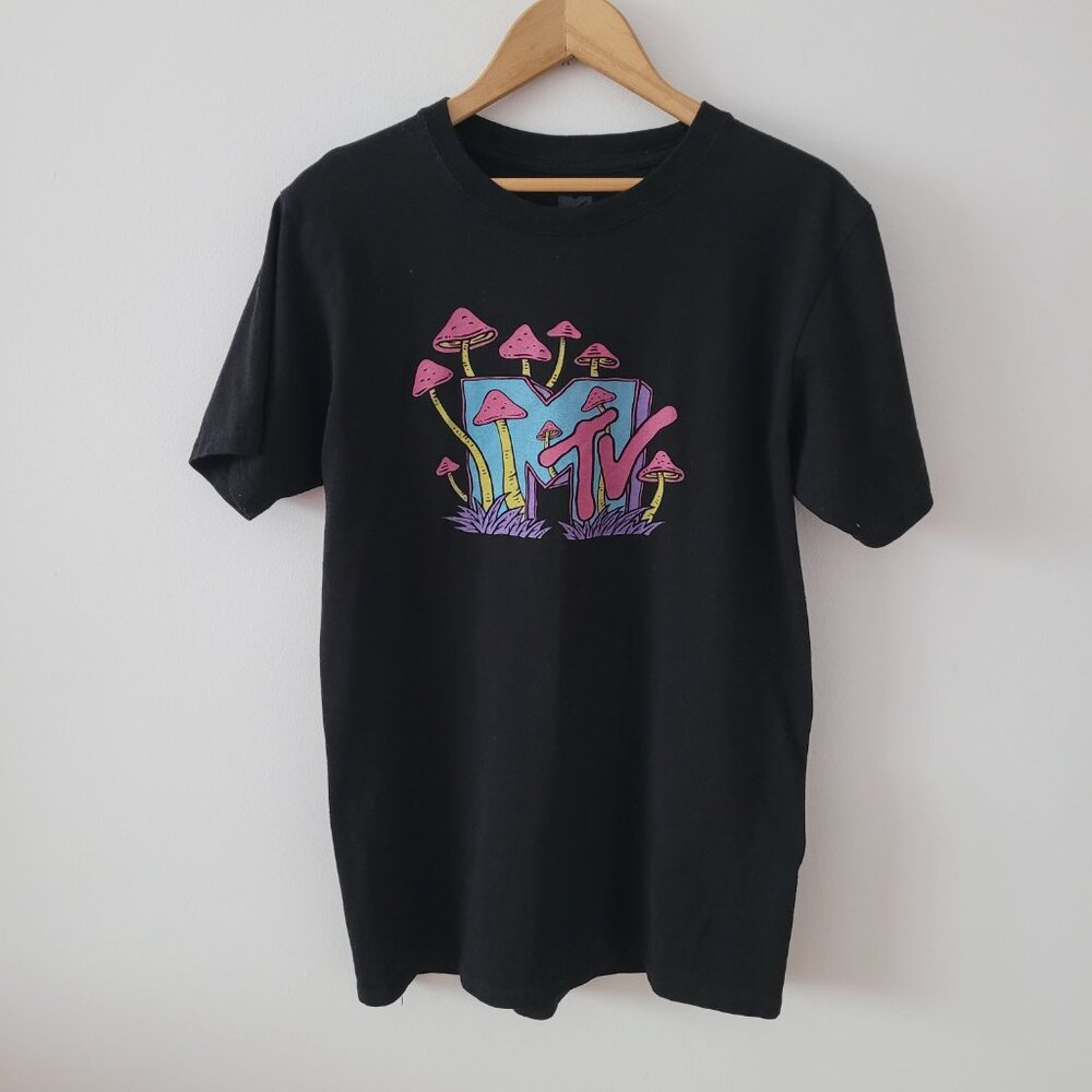 MTV Unisex Front/Back Mushroom Logo 2024 Cotton Blend Black T-shirt-Men's M